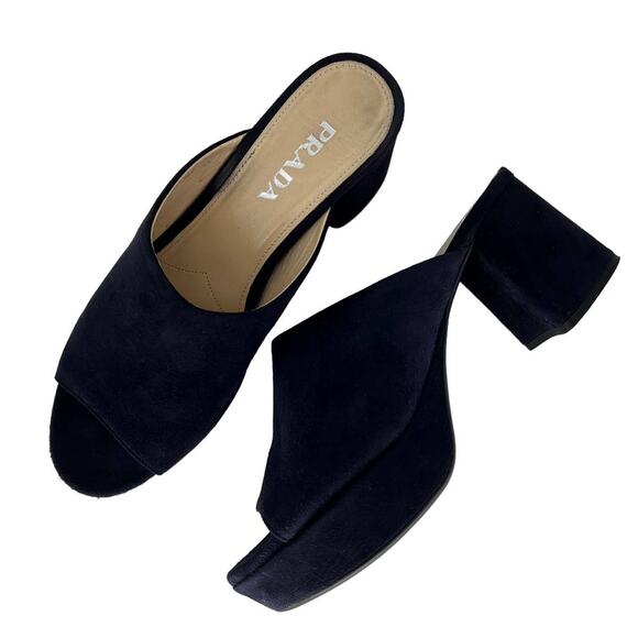 Prada Suede Navy Platform Heeled Mules - Picture 3 of 11